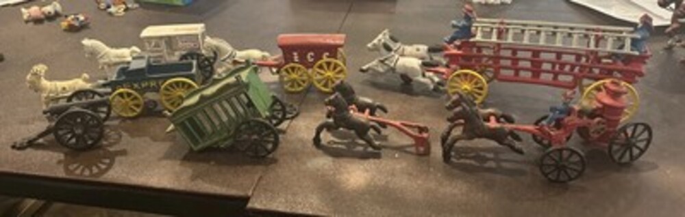 HUGE Lot of Cast Iron Fireman Horse Drawn Fire Truck Toy Vintage & Wagons 10 Pc